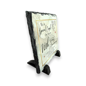 10th Wedding Anniversary Slate for a Special Couple – Handcrafted Natural Slate Plaque with Stand – Romantic Keepsake –  15cm x 15cm