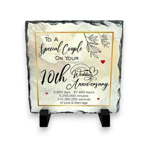 10th Wedding Anniversary Slate for a Special Couple – Handcrafted Natural Slate Plaque with Stand – Romantic Keepsake –  15cm x 15cm