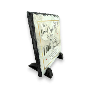 10th Wedding Anniversary Slate for a Special Couple – Handcrafted Natural Slate Plaque with Stand – Romantic Keepsake –  15cm x 15cm