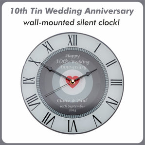 10th Tin Wedding Anniversary Clock - Bespoke Personalised Anniversary Gift (30cm Silent Clock)