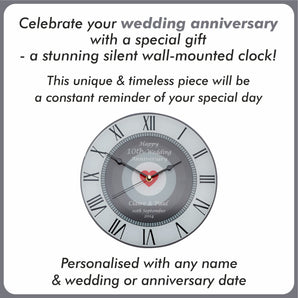 10th Tin Wedding Anniversary Clock - Bespoke Personalised Anniversary Gift (30cm Silent Clock)