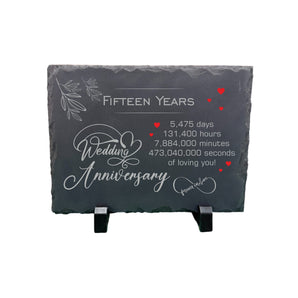 15th Wedding Anniversary Slate – Handcrafted Natural Stone Plaque with Stand – Romantic Fifteen Year Keepsake – 5,475 Days of Love – Forever in Love Design - 20cm x 15cm