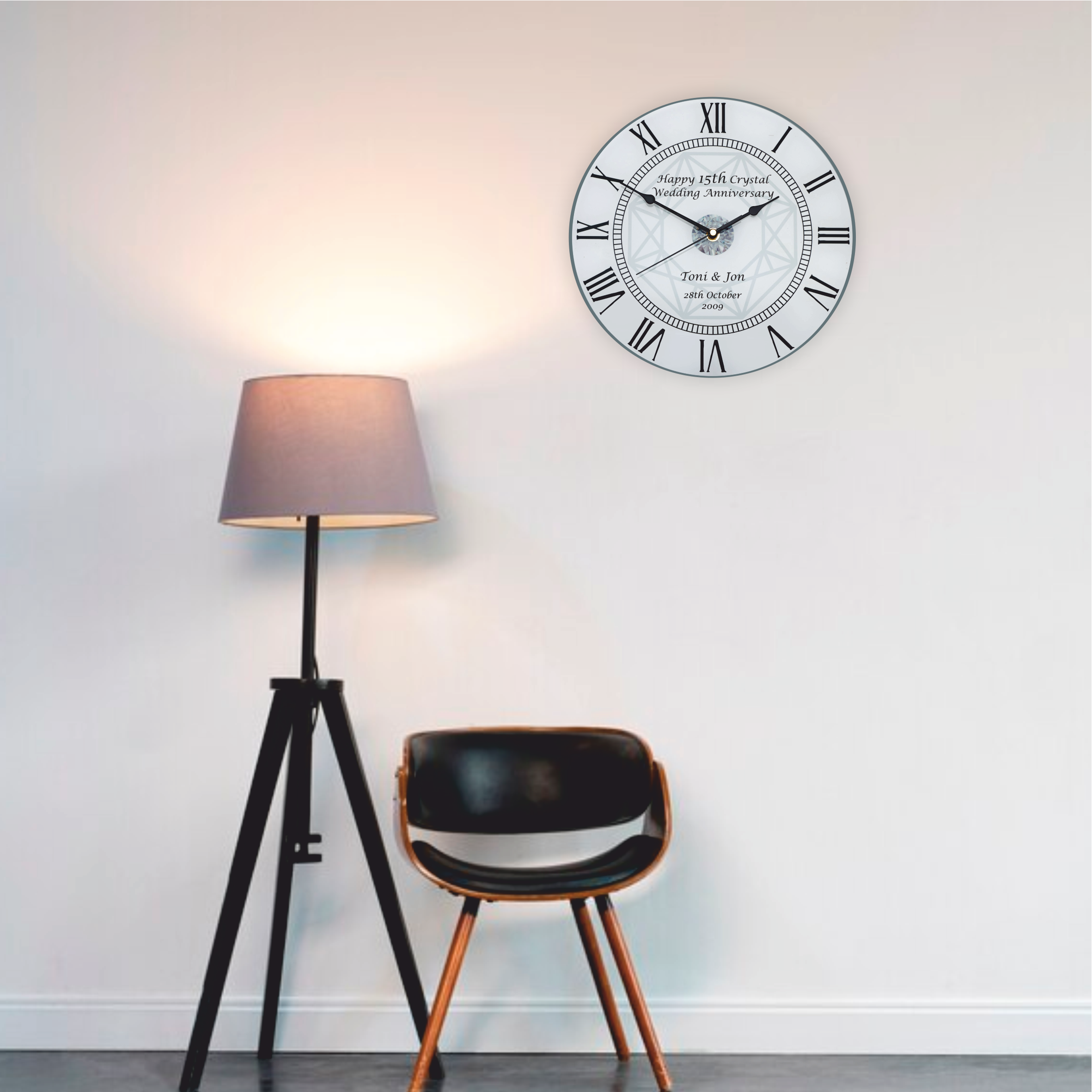 15th Crystal Wedding Anniversary Clock - Bespoke Personalised Anniversary Gift (30cm Silent Clock)