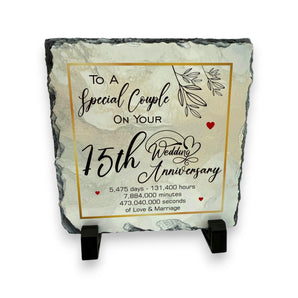 15th Wedding Anniversary Slate for a Special Couple – Handcrafted Natural Slate Plaque with Stand – Romantic Keepsake –  15cm x 15cm