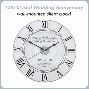 15th Crystal Wedding Anniversary Clock - Bespoke Personalised Anniversary Gift (30cm Silent Clock)