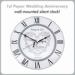 1st Paper Wedding Anniversary Clock - Bespoke Personalised Anniversary Gift (30cm Silent Clock)