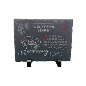 25th Wedding Anniversary Slate – Handcrafted Natural Stone Plaque with Stand – Romantic Twenty-five Year Keepsake – 9,125 Days of Love – Forever in Love Design - 20cm x 15cm