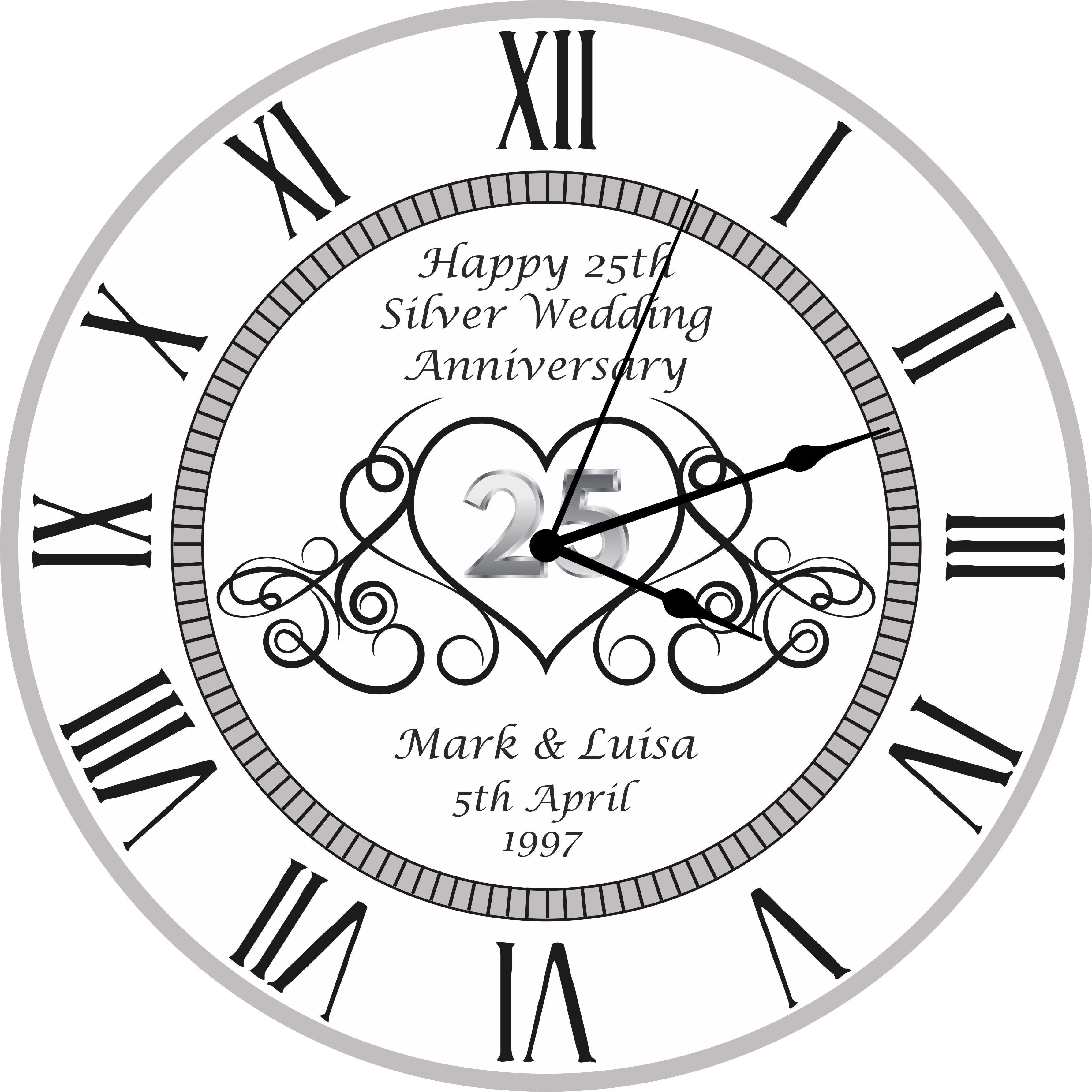 25th Silver Wedding Anniversary Clock - Bespoke Personalised Anniversary Gift (30cm Silent Clock)