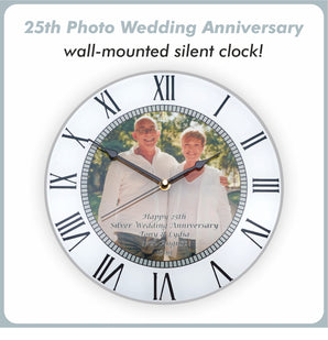 25th Silver Wedding Anniversary Personalised Photo Clock - Bespoke Personalised Anniversary Gift (30cm Silent Clock)