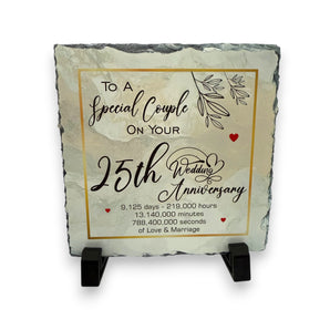 25th Wedding Anniversary Slate for a Special Couple – Handcrafted Natural Slate Plaque with Stand – Romantic Keepsake –  15cm x 15cm