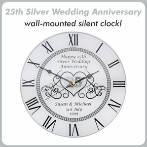 25th Silver Wedding Anniversary Clock - Bespoke Personalised Anniversary Gift (30cm Silent Clock)