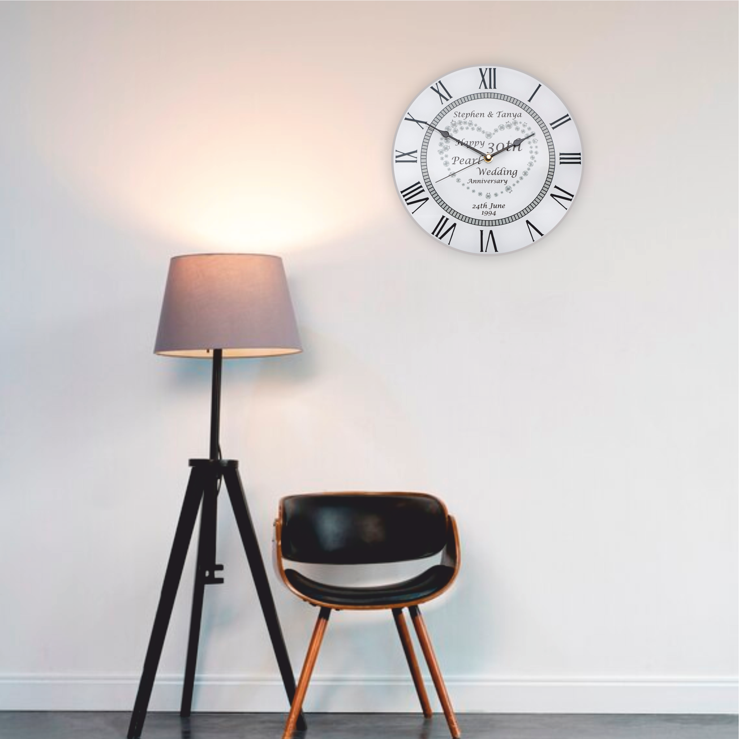 30th Pearl Wedding Anniversary Clock - Bespoke Personalised Anniversary Gift (30cm Silent Clock)