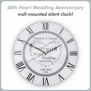 30th Pearl Wedding Anniversary Clock - Bespoke Personalised Anniversary Gift (30cm Silent Clock)