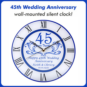 45th Sapphire Wedding Anniversary Clock - Bespoke Personalised Anniversary Gift (30cm Silent Clock)