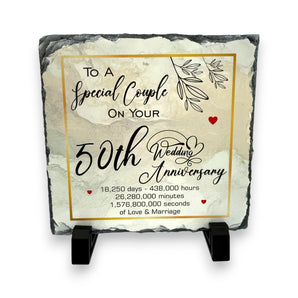 50th Wedding Anniversary Slate for a Special Couple – Handcrafted Natural Slate Plaque with Stand – Romantic Keepsake –  15cm x 15cm