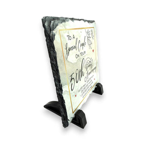 50th Wedding Anniversary Slate for a Special Couple – Handcrafted Natural Slate Plaque with Stand – Romantic Keepsake –  15cm x 15cm