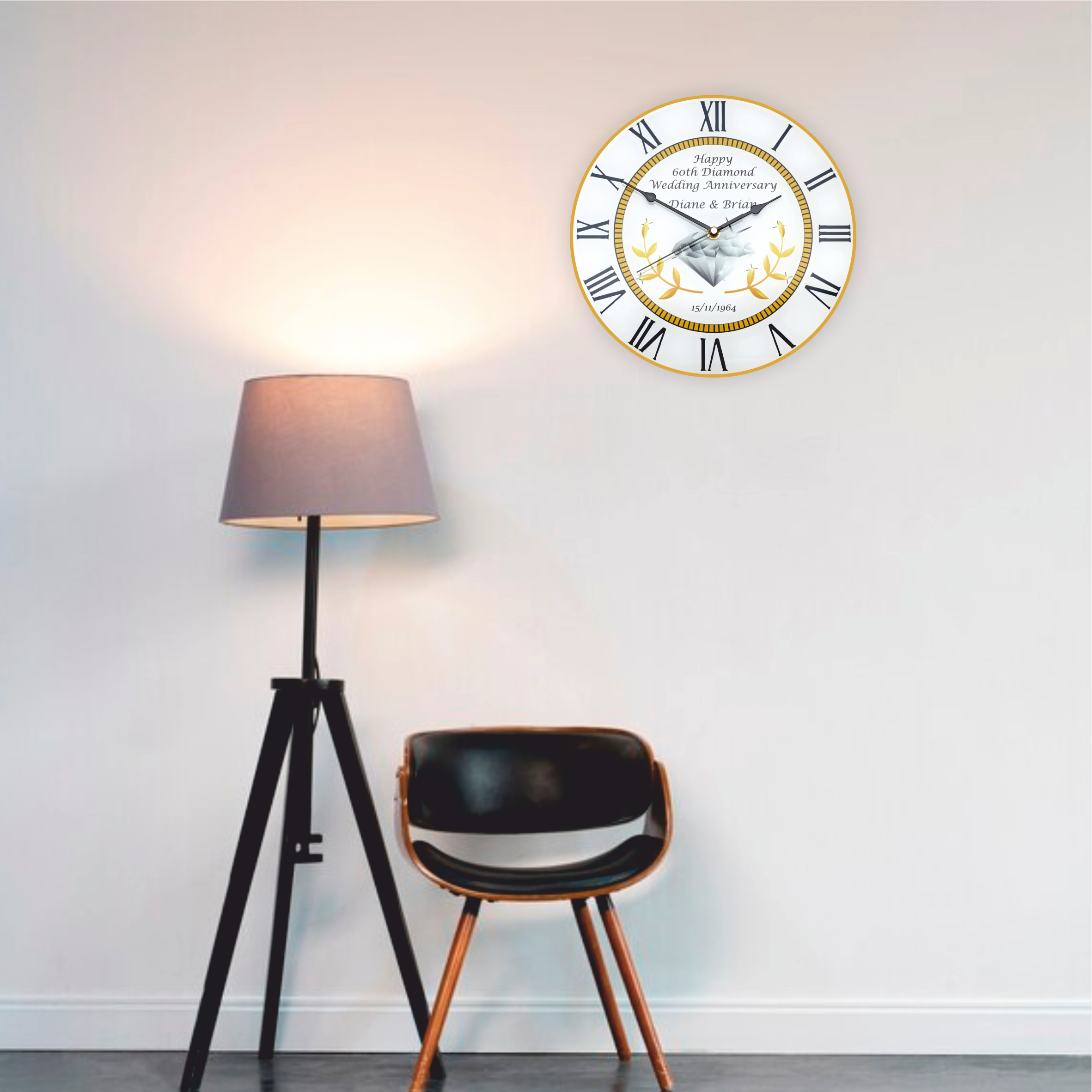 60th Diamond Wedding Anniversary Clock - Bespoke Personalised Anniversary Gift (30cm Silent Clock)