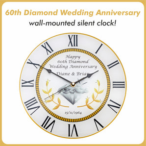 60th Diamond Wedding Anniversary Clock - Bespoke Personalised Anniversary Gift (30cm Silent Clock)