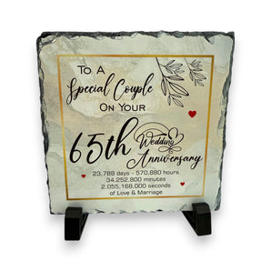 65th Wedding Anniversary Slate for a Special Couple – Handcrafted Natural Slate Plaque with Stand – Romantic Keepsake –  15cm x 15cm