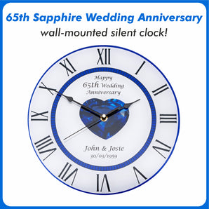 65th Blue Sapphire Wedding Anniversary Clock - Bespoke Personalised Anniversary Gift (30cm Silent Clock)