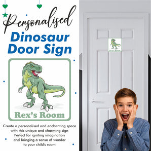 Personalised Green Dinosaur T-Rex Kids Bedroom Door Sign - Unique Gift