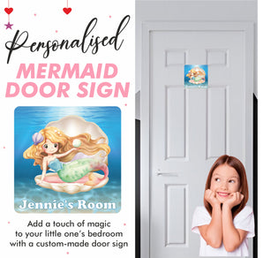 Personalised Mermaid On A Shell Kids Bedroom Door Sign - Unique Gift