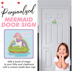 Personalised Mermaid On A Unicorn Kids Bedroom Door Sign - Unique Gift