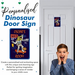 Personalised Space Dinosaur On Skateboard Kids Bedroom Door Sign - Unique Gift