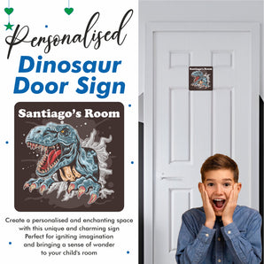 Personalised T Rex Dinosaur Coming Out Of Wall Kids Bedroom Door Sign - Unique Gift