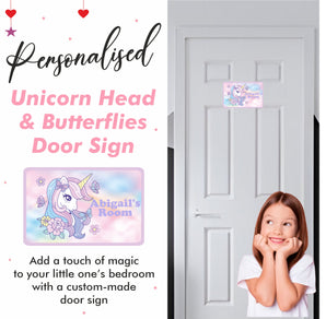 Personalised Unicorn Head & Butterflies Kids Bedroom Door Sign - Unique Gift