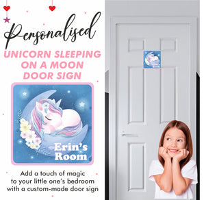 Personalised Unicorn Sleeping On A Moon Kids Bedroom Door Sign - Unique Gift