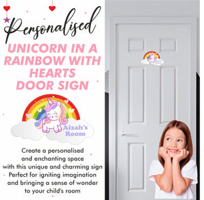 Personalised Unicorn in a Rainbow with Hearts Kids Bedroom Door Sign - Unique Gift