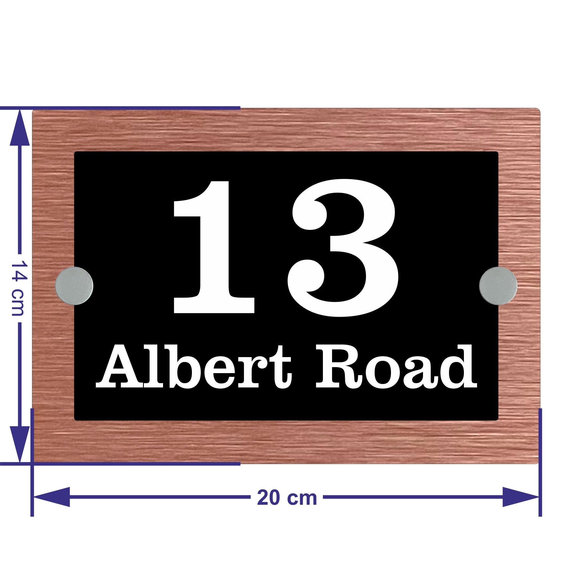 The Albert Modern House Sign with Perspex Acrylic Front, Copper Rear Panel and Satin Silver Stand Off Fixings ( Size - 20cm x 14cm )