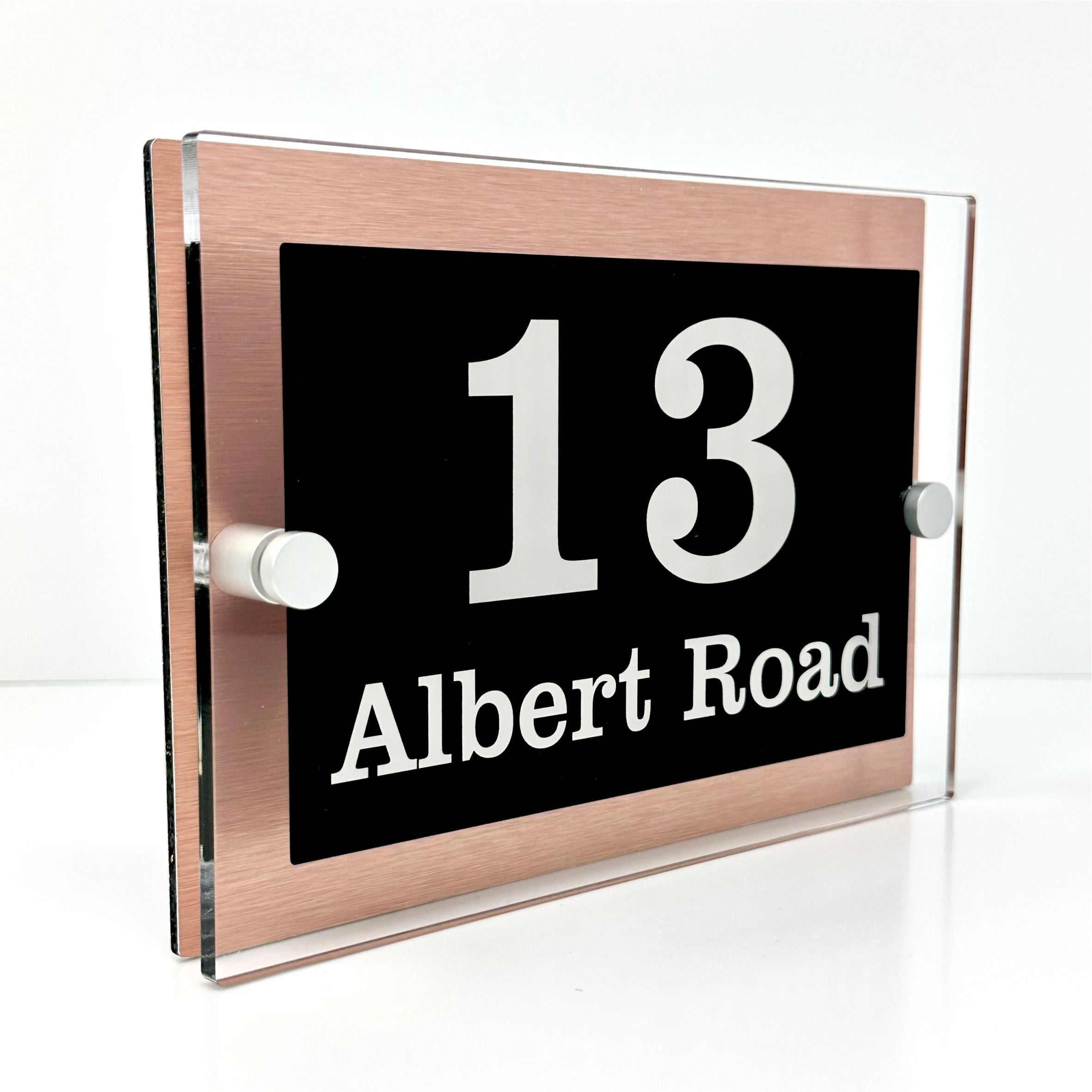The Albert Modern House Sign with Perspex Acrylic Front, Copper Rear Panel and Satin Silver Stand Off Fixings ( Size - 20cm x 14cm )