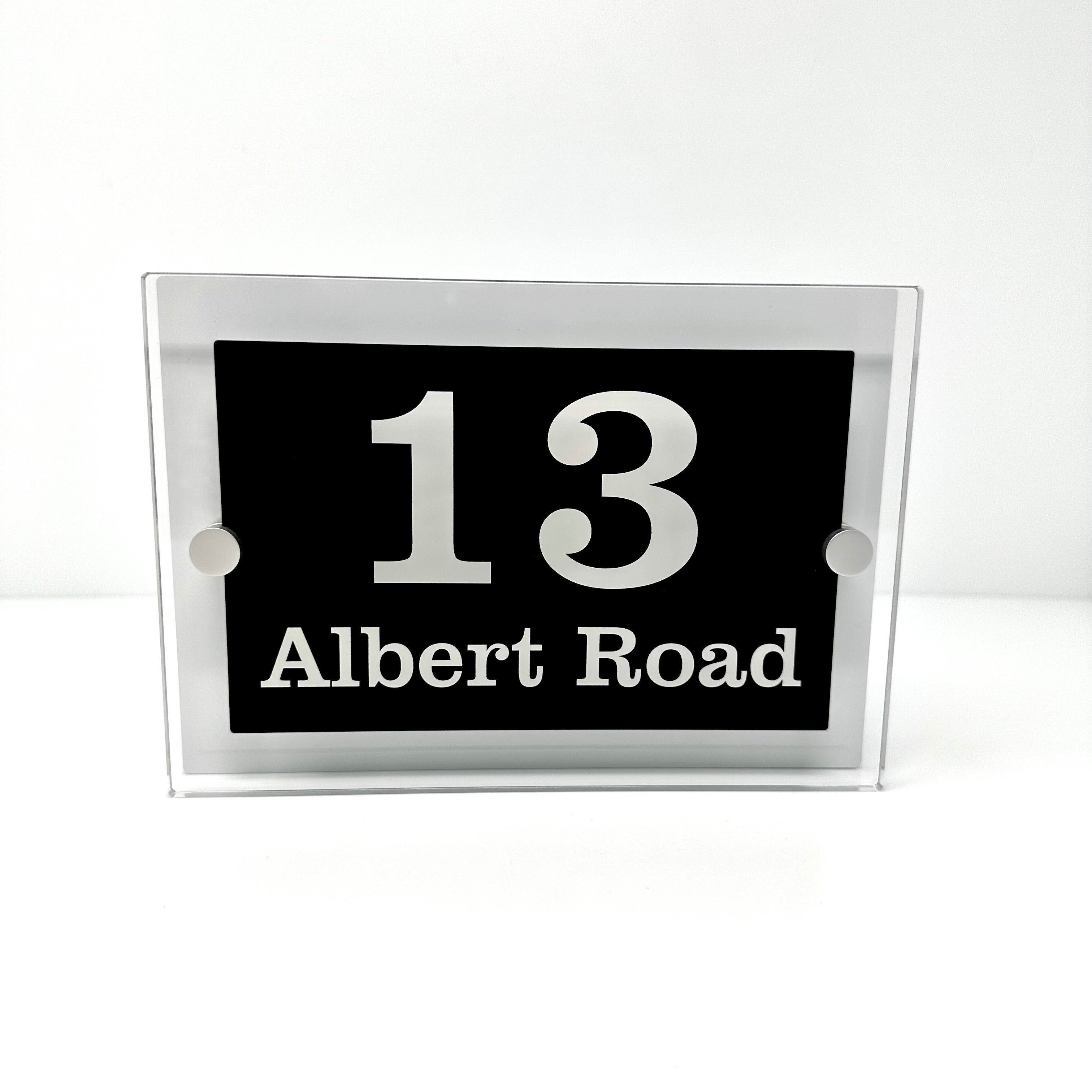 The Albert Modern House Sign with Perspex Acrylic Front, White Rear Panel and Satin Silver Stand Off Fixings ( Size - 20cm x 14cm )