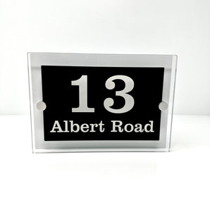 The Albert Modern House Sign with Perspex Acrylic Front, White Rear Panel and Satin Silver Stand Off Fixings ( Size - 20cm x 14cm )