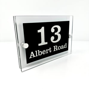 The Albert Modern House Sign with Perspex Acrylic Front, White Rear Panel and Satin Silver Stand Off Fixings ( Size - 20cm x 14cm )