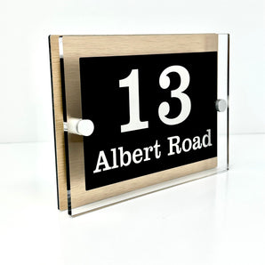 The Albert Modern House Sign with Perspex Acrylic Front, Brass Rear Panel and Satin Silver Stand Off Fixings ( Size - 20cm x 14cm )