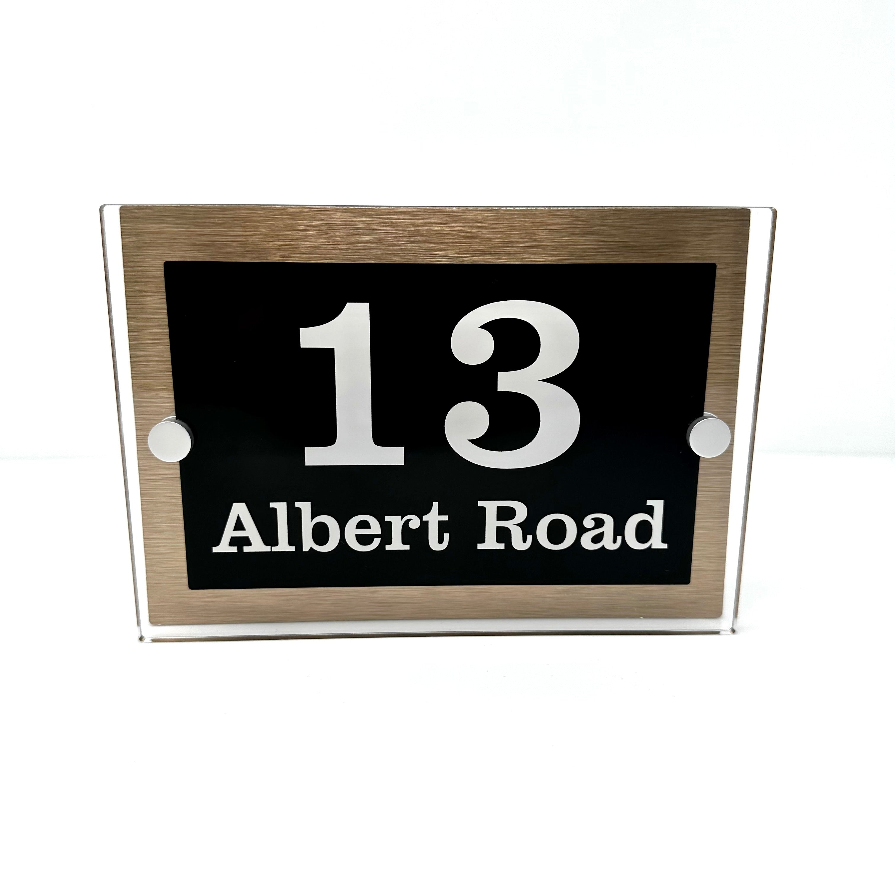 The Albert Modern House Sign with Perspex Acrylic Front, Brass Rear Panel and Satin Silver Stand Off Fixings ( Size - 20cm x 14cm )
