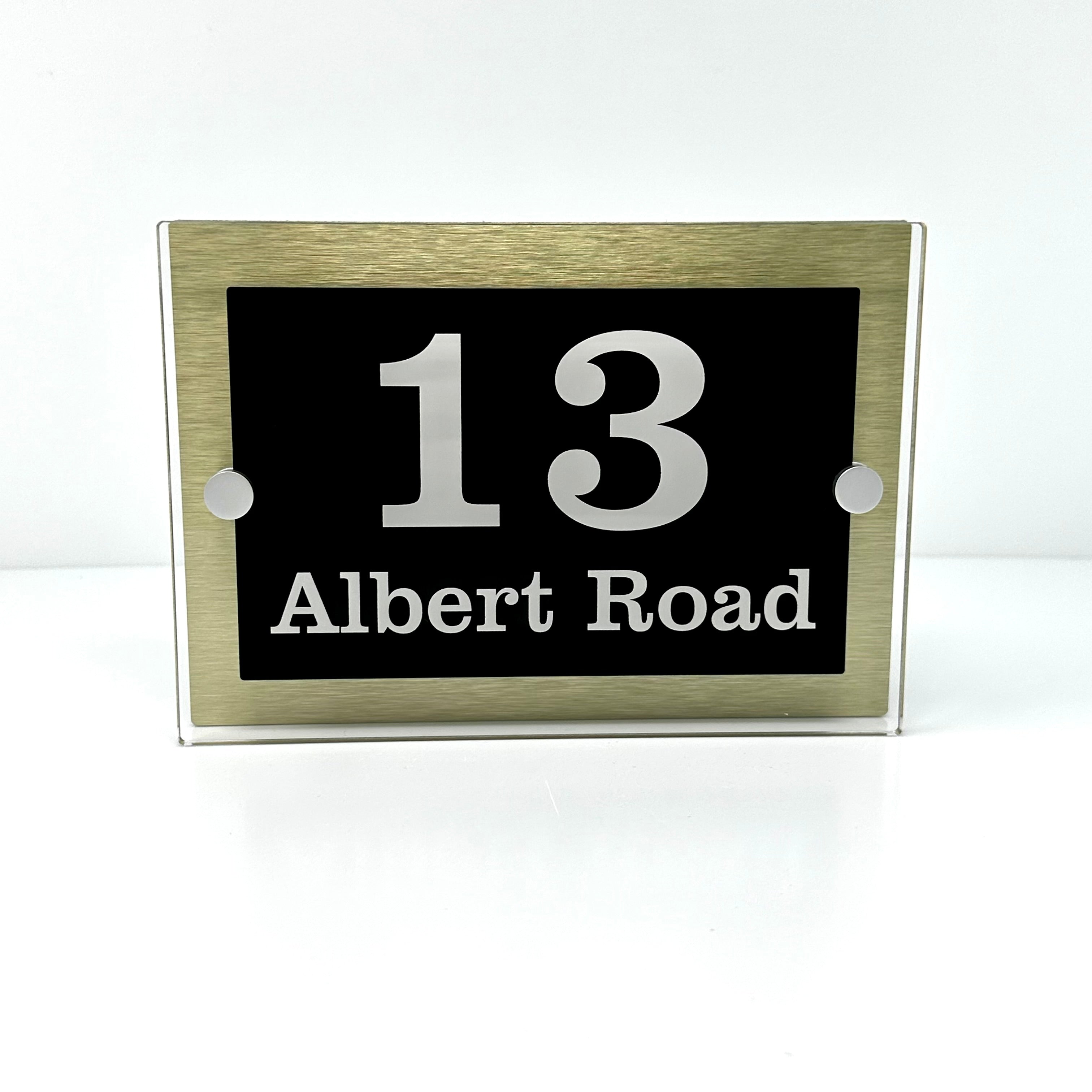 The Albert Modern House Sign with Perspex Acrylic Front, Gold Rear Panel and Satin Silver Stand Off Fixings ( Size - 20cm x 14cm )