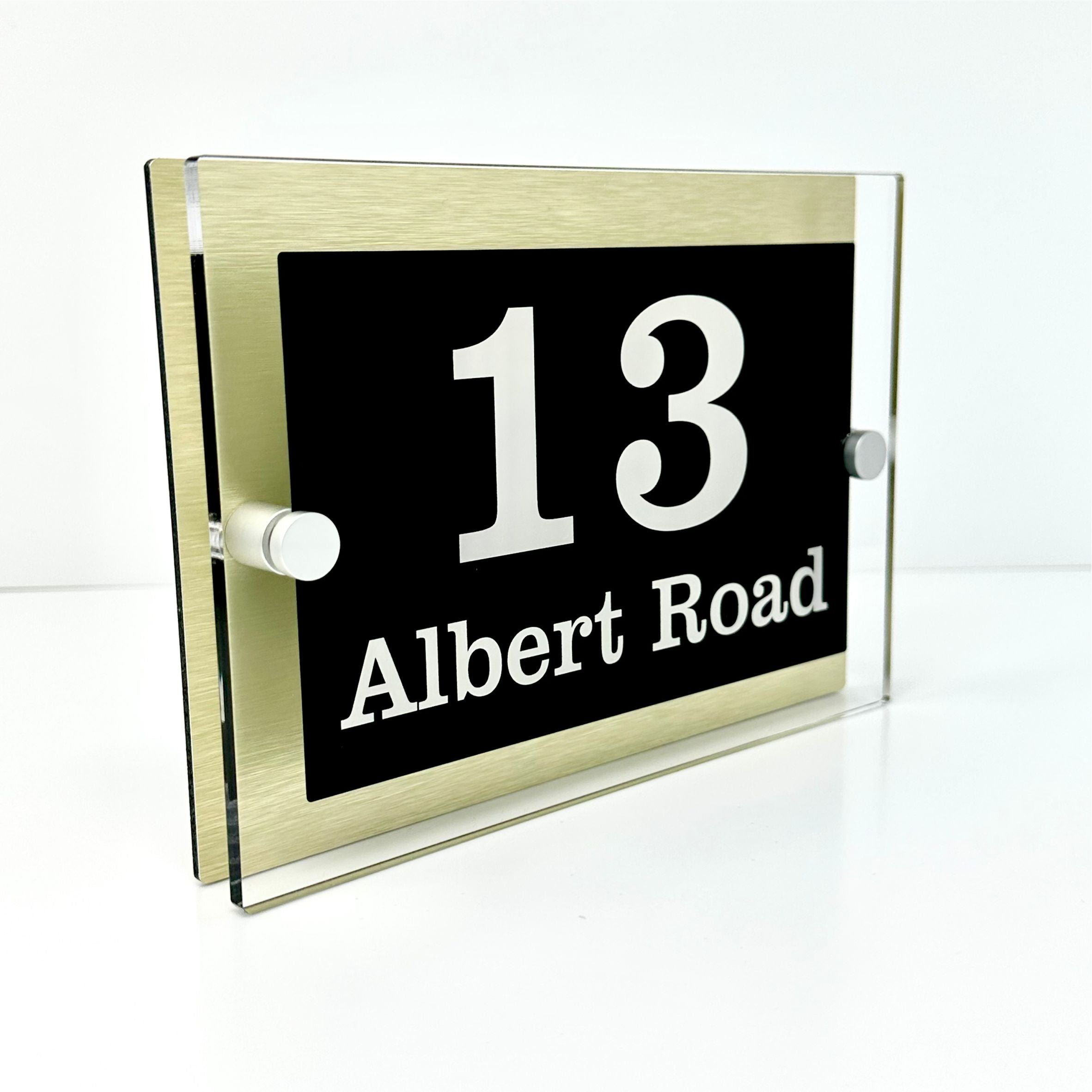 The Albert Modern House Sign with Perspex Acrylic Front, Gold Rear Panel and Satin Silver Stand Off Fixings ( Size - 20cm x 14cm )