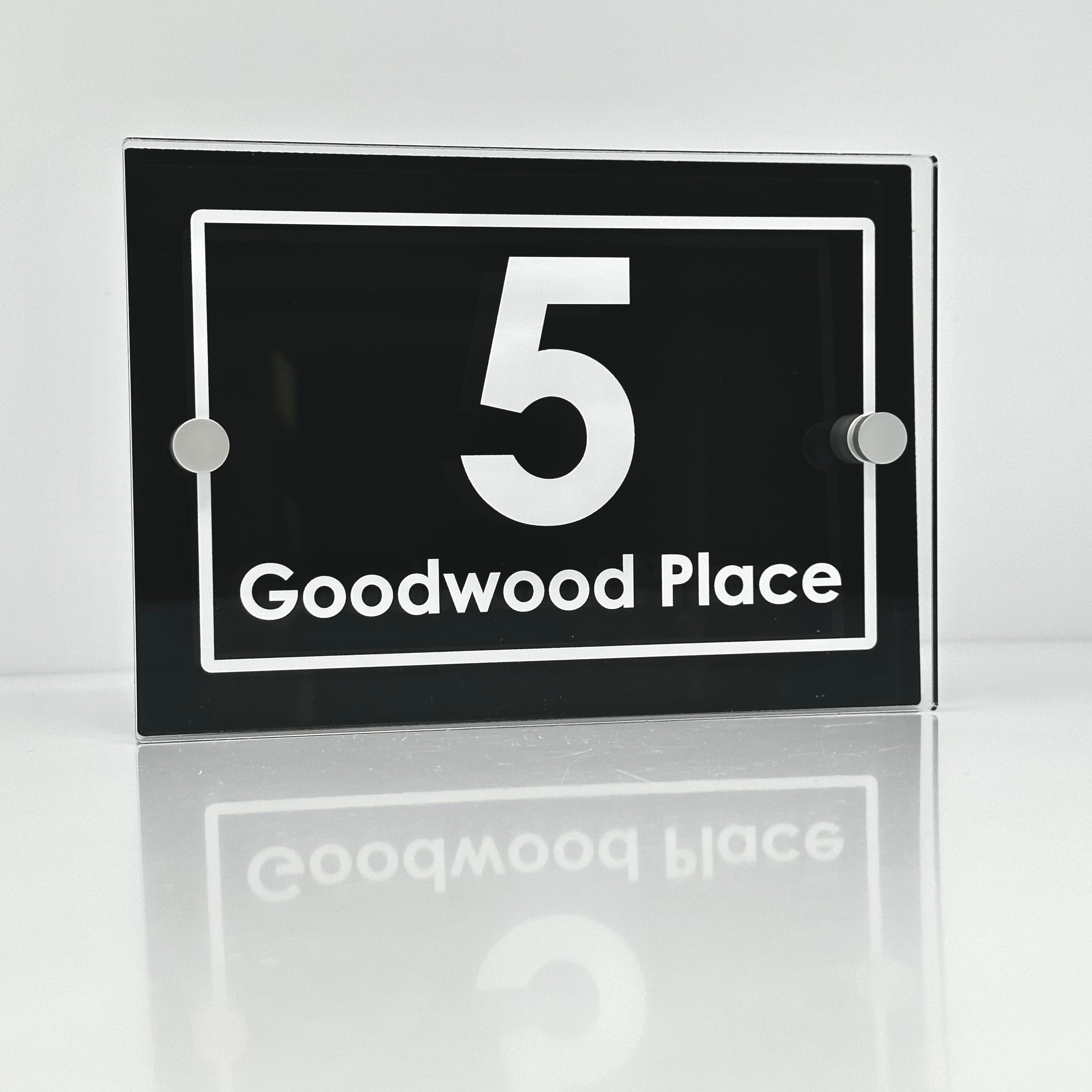 The Goodwood Modern House Sign with Perspex Acrylic Front, Anthracite Grey Rear Panel and Satin Silver Stand Off Fixings ( Size - 20cm x 14cm )