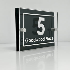 The Goodwood Modern House Sign with Perspex Acrylic Front, Anthracite Grey Rear Panel and Satin Silver Stand Off Fixings ( Size - 20cm x 14cm )