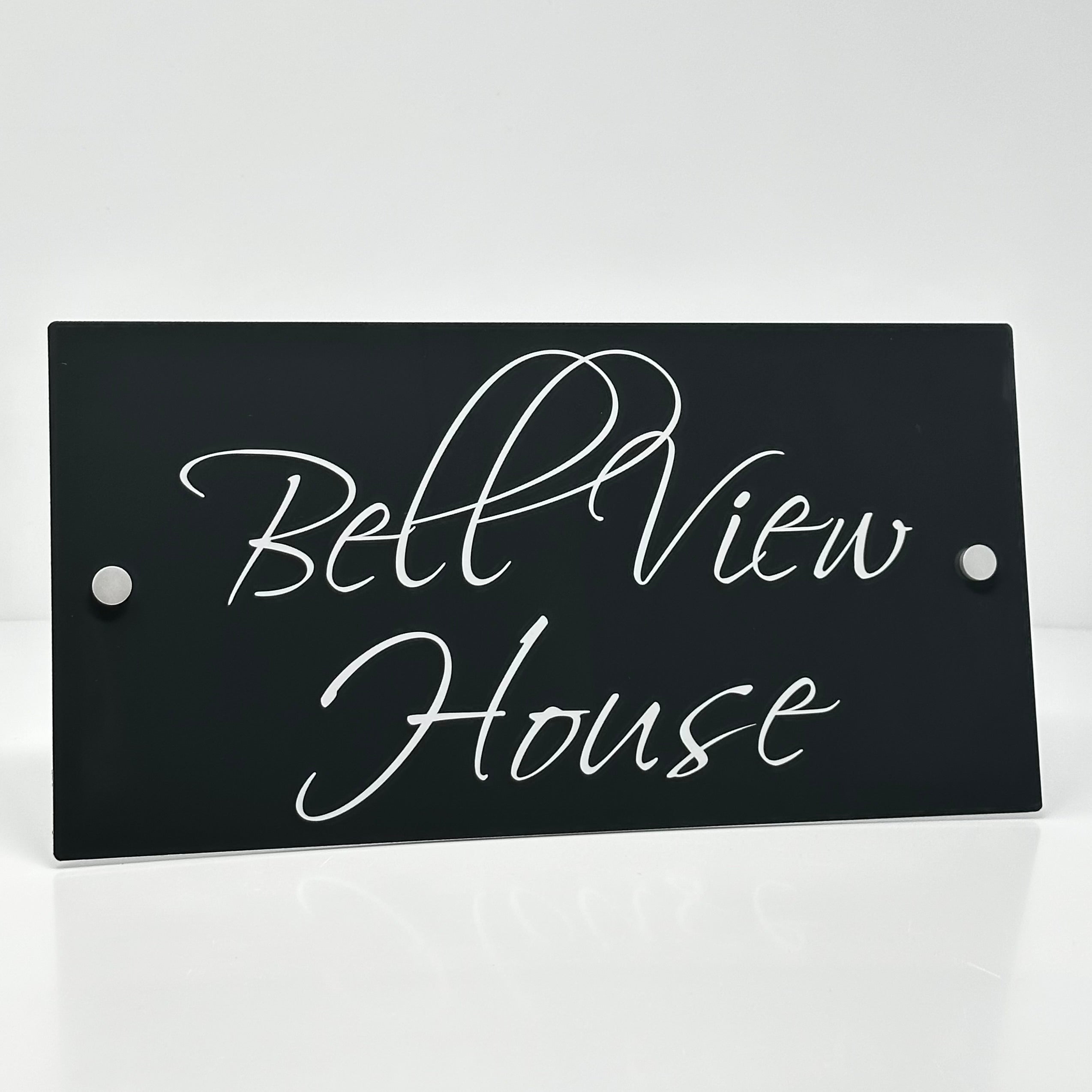 The Bell View Modern House Sign with a Anthracite Grey Panel and Satin Silver Stand Off Fixings ( Size - 35cm x 18cm )