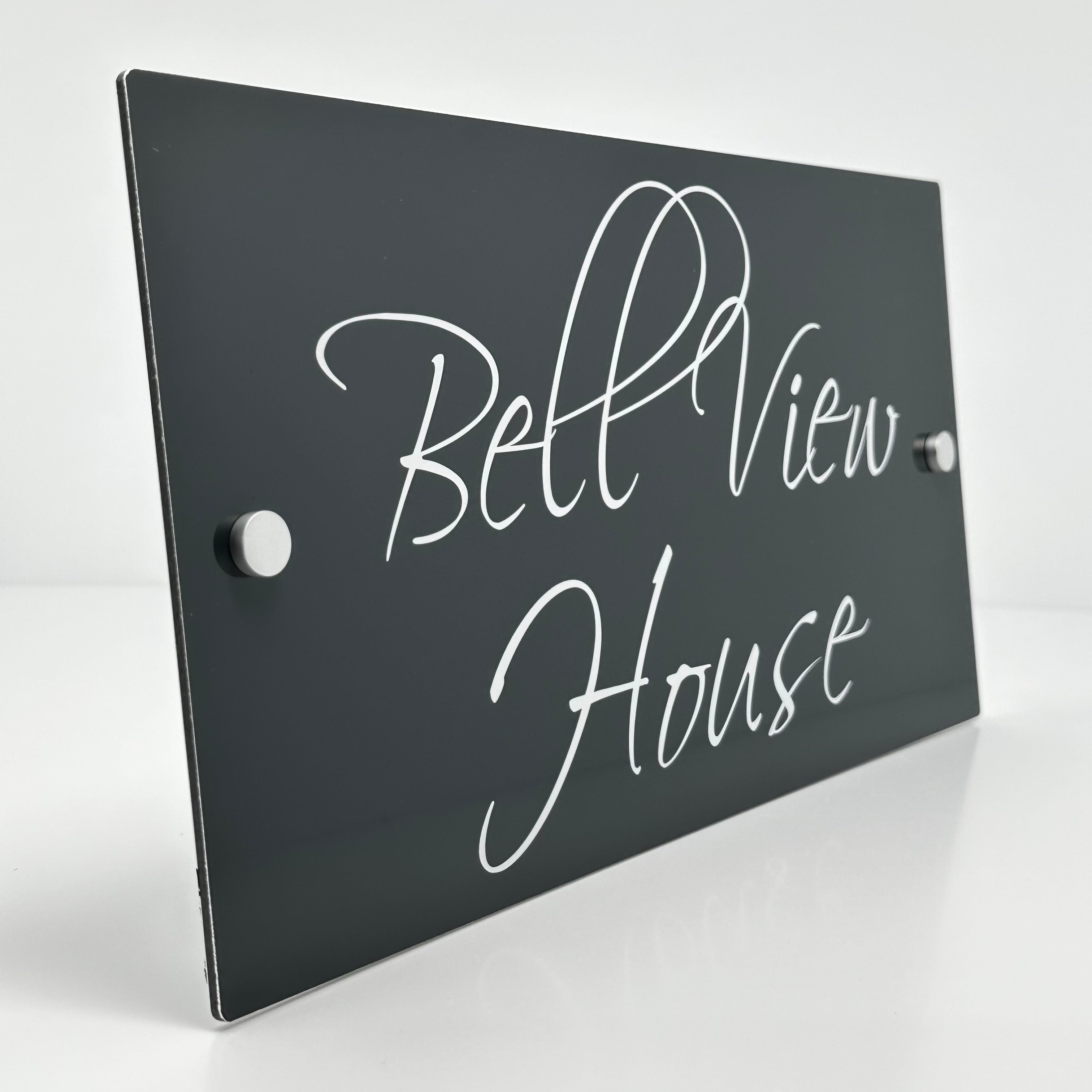 The Bell View Modern House Sign with a Anthracite Grey Panel and Satin Silver Stand Off Fixings ( Size - 35cm x 18cm )