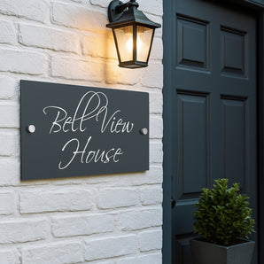 The Bell View Modern House Sign with a Anthracite Grey Panel and Satin Silver Stand Off Fixings ( Size - 35cm x 18cm )