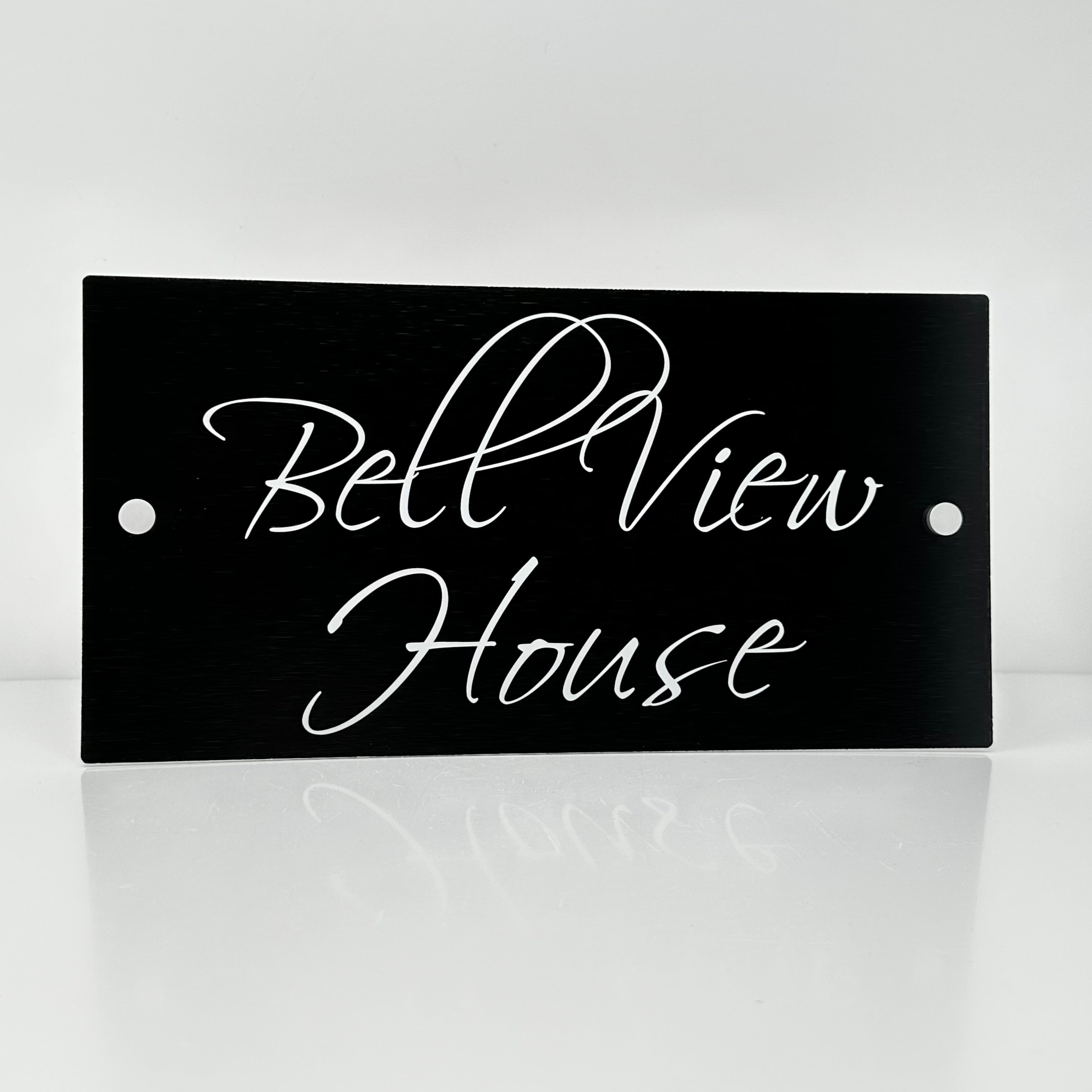 The Bell View Modern House Sign with a Brushed Black Panel and Satin Silver Stand Off Fixings ( Size - 35cm x 18cm )