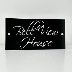 The Bell View Modern House Sign with a Brushed Black Panel and Satin Silver Stand Off Fixings ( Size - 35cm x 18cm )