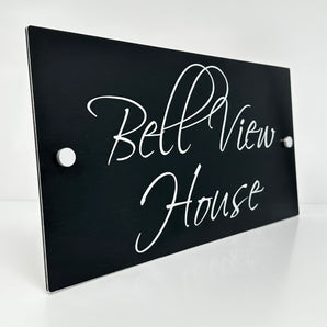 The Bell View Modern House Sign with a Brushed Black Panel and Satin Silver Stand Off Fixings ( Size - 35cm x 18cm )