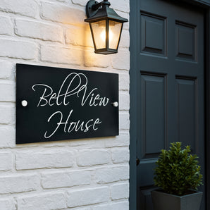 The Bell View Modern House Sign with a Brushed Black Panel and Satin Silver Stand Off Fixings ( Size - 35cm x 18cm )